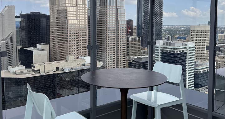 Rooftop view from Two Park Central condo in Calgary with swimming pool
