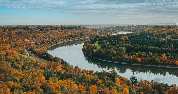 North Saskatchewan River valley in Edmonton, 1.5 km wide and 60 metres deep