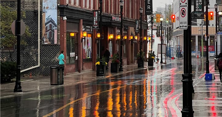 Downtown Kitchener-Waterloo city streets on a rainy day