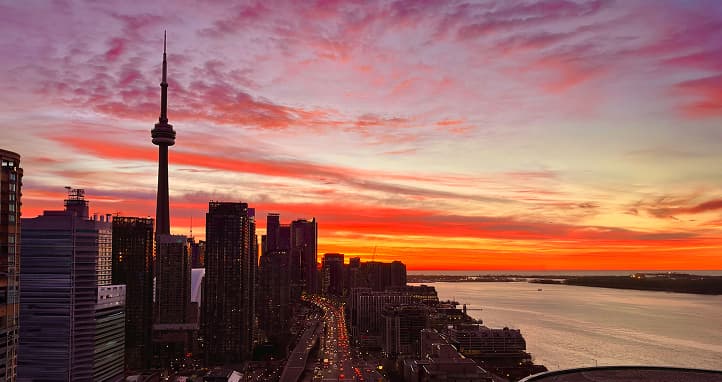 View from a Toronto condo window overlooking downtown and the CN Tower