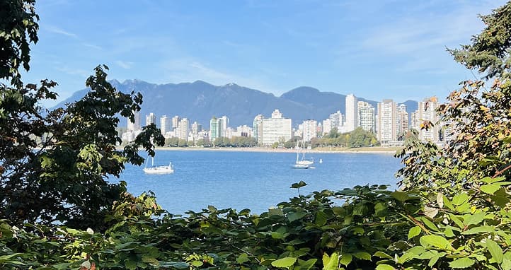 Panoramic view of Vancouver with ocean and mountains