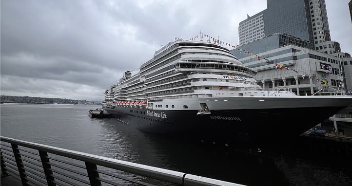 Vancouver waterfront with ferries, ships, and harbour walkway